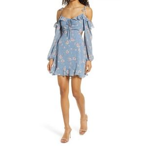 FLORET STUDIOS Cold Shoulder Tie Front Mini Dress Blue Pink Open Back Size M NWT